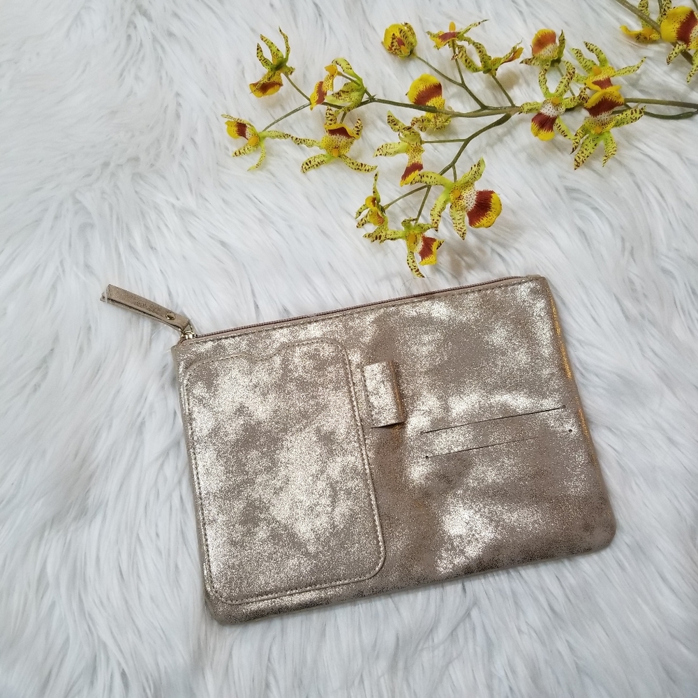 Gold Makeup Cosmetic Bag, With Zipper Closure, Pockets on the front.